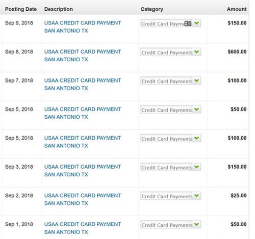 Credit card payments made since Sept 1