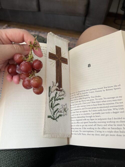 library book and grapes for a snack