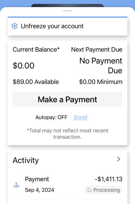 Screenshot of Amazon card paid off - processing
