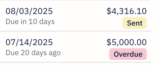 Screenshot of invoices to clients for July