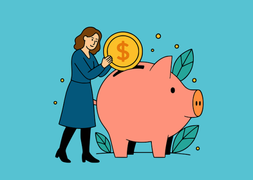 saving money cartoon - woman putting coin in piggy bank