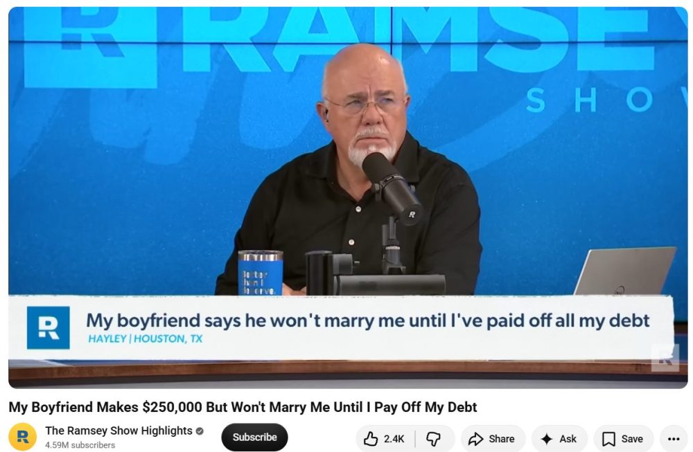 Dave Ramsey show screenshot, boyfriend won't marry.