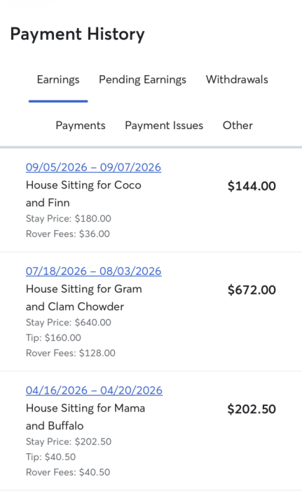 Screenshot of Rover payments page