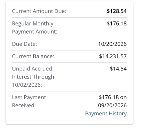 Screenshot of Hope's student loan debt as of Oct, 2026